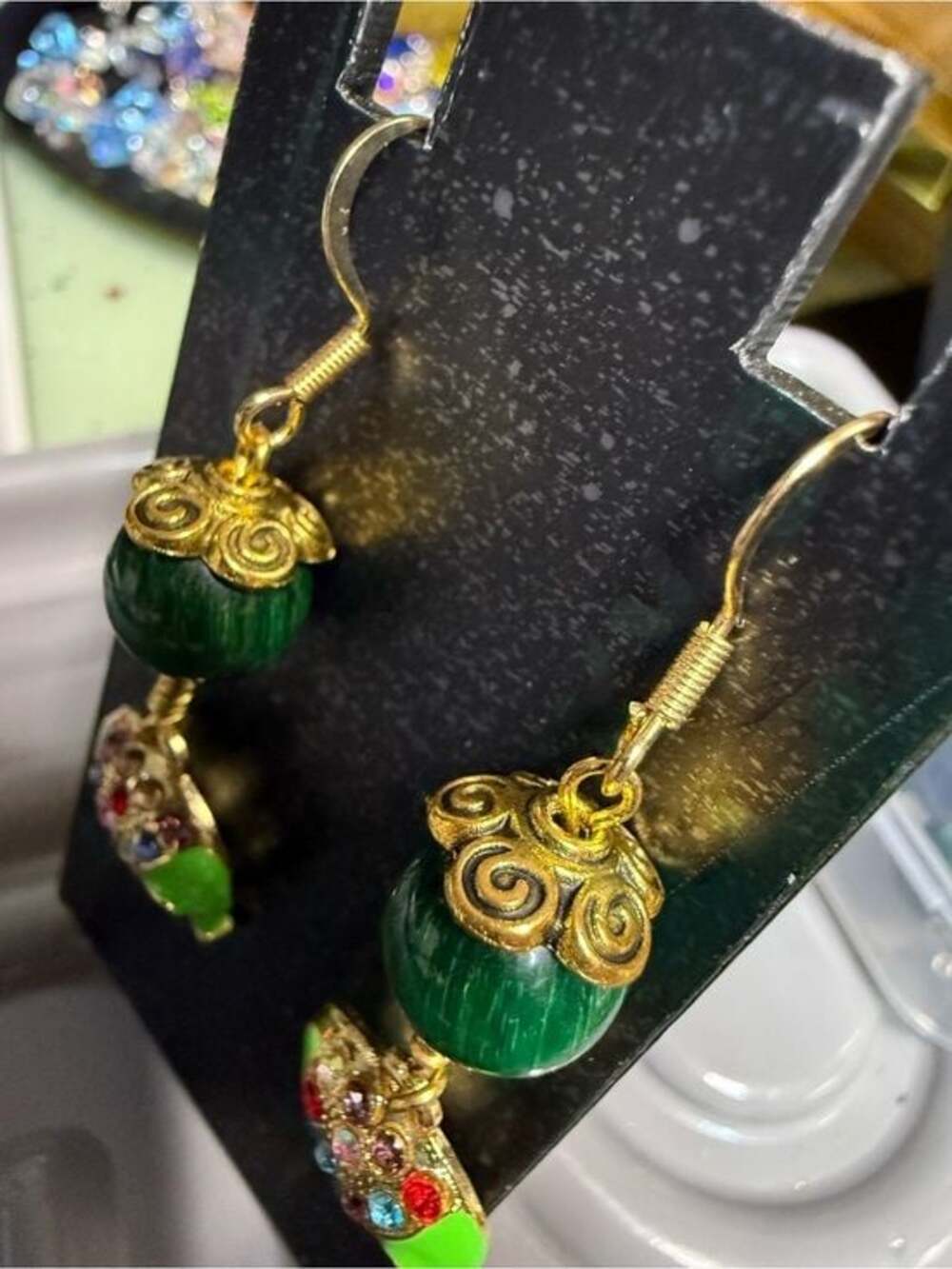 Artisan Green Tigers Eye Hand Wrapped Rhinestone Elephant 14K Gold Earrings - Picture 3 of 7